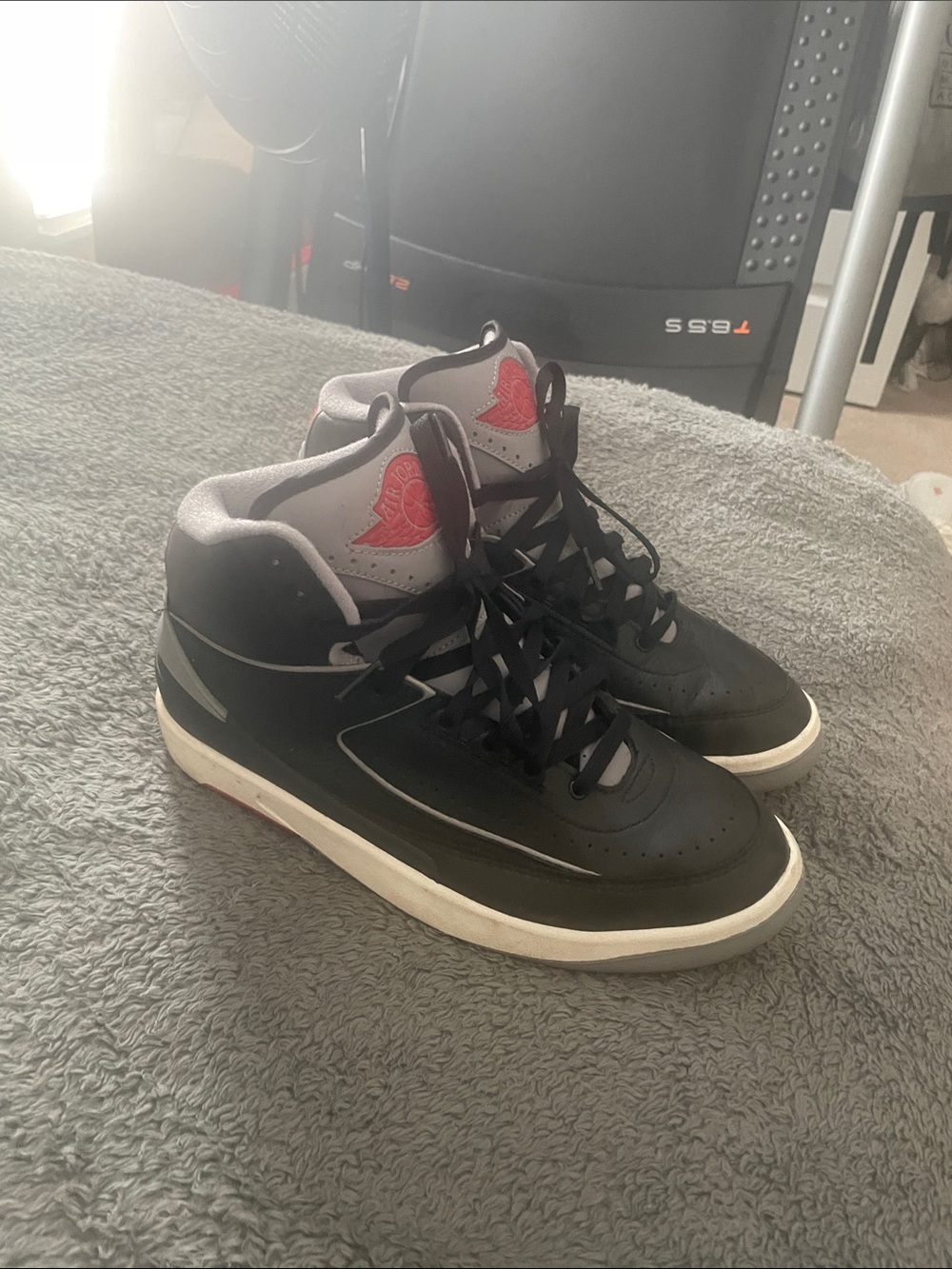 Jordan Men's Black and Gray High-Top Sneakers with Red Accent - Picture 3 of 6